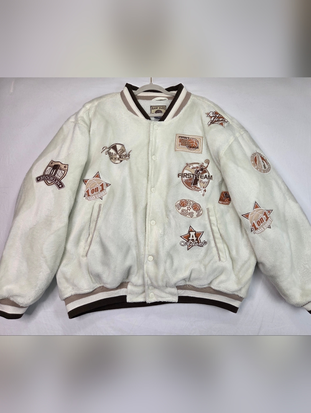 Raw Blue Classics Varsity Jacket 2XL Faux Fur Sherpa Bomber Y2K Basketball Patch - Picture 3 of 13